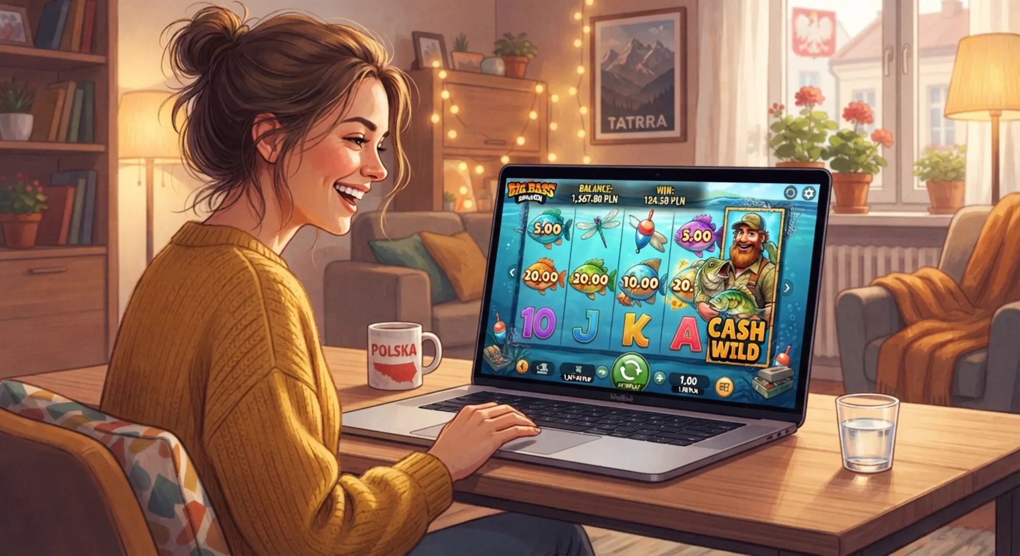 Ekran gry Big Bass Bonanza w domowym otoczeniu