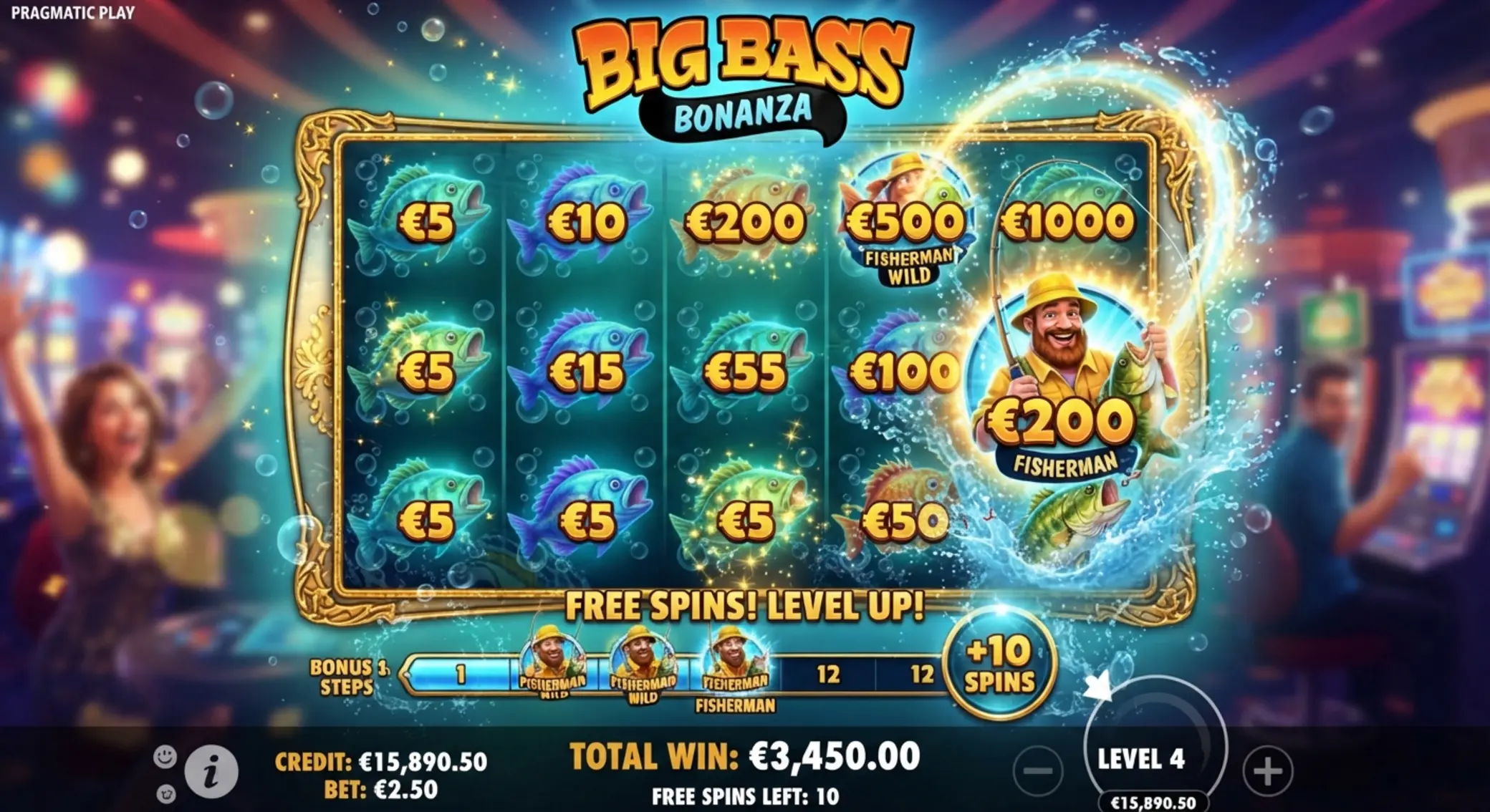Runda free spins z wędkarzem i rybami z wartościami