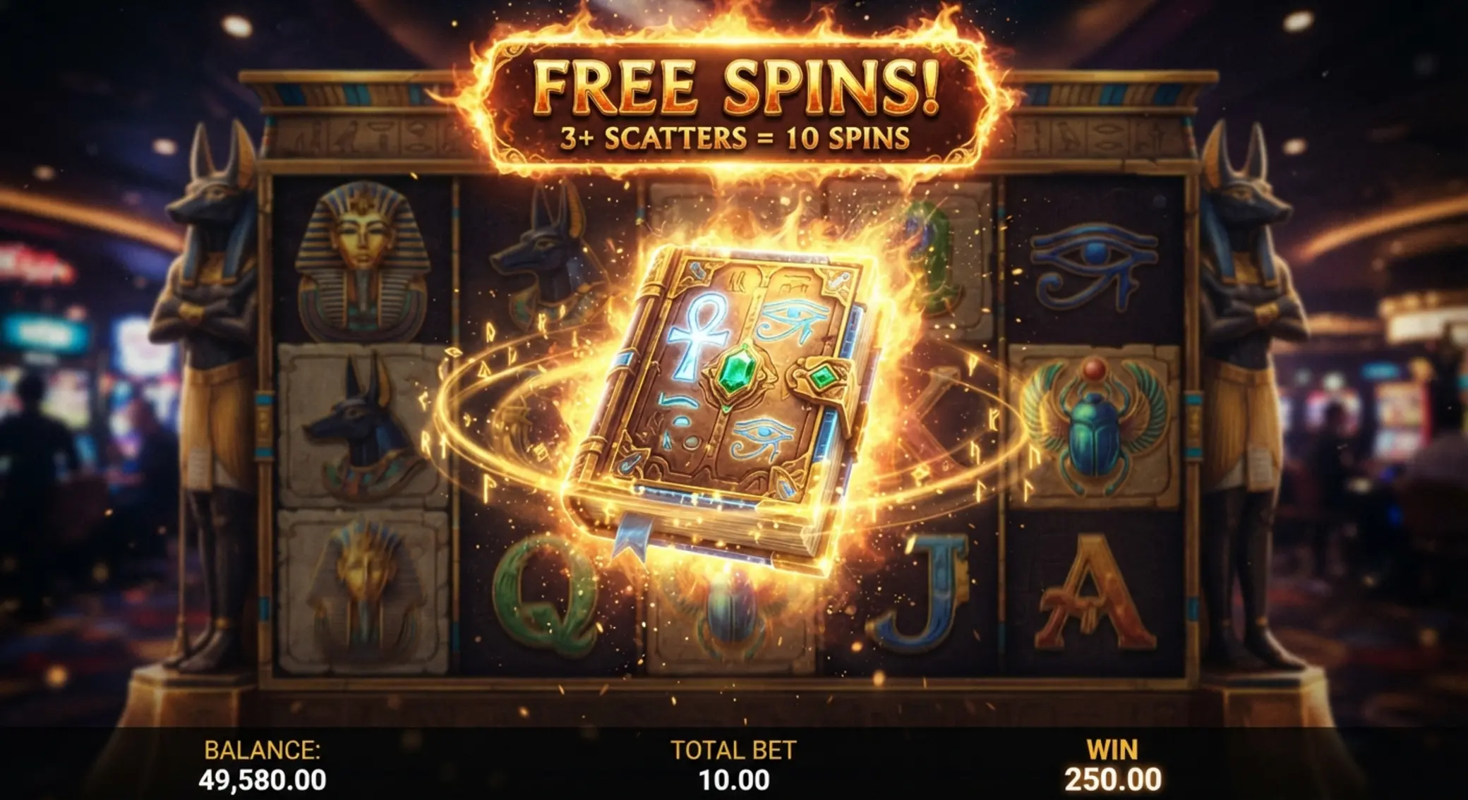Book of Ra Magic – symbol Księgi i free spiny Zbliżenie na symbol Księgi i darmowe spiny w slocie