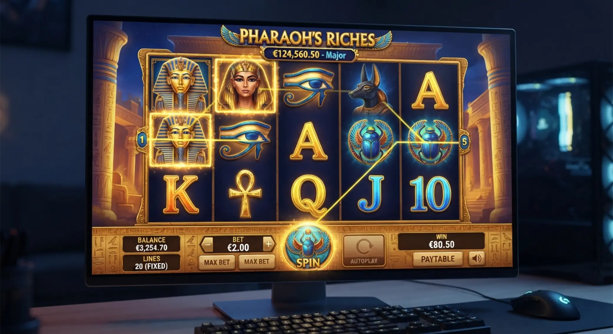 Panel gry Book of Ra z bębnami i przyciskami