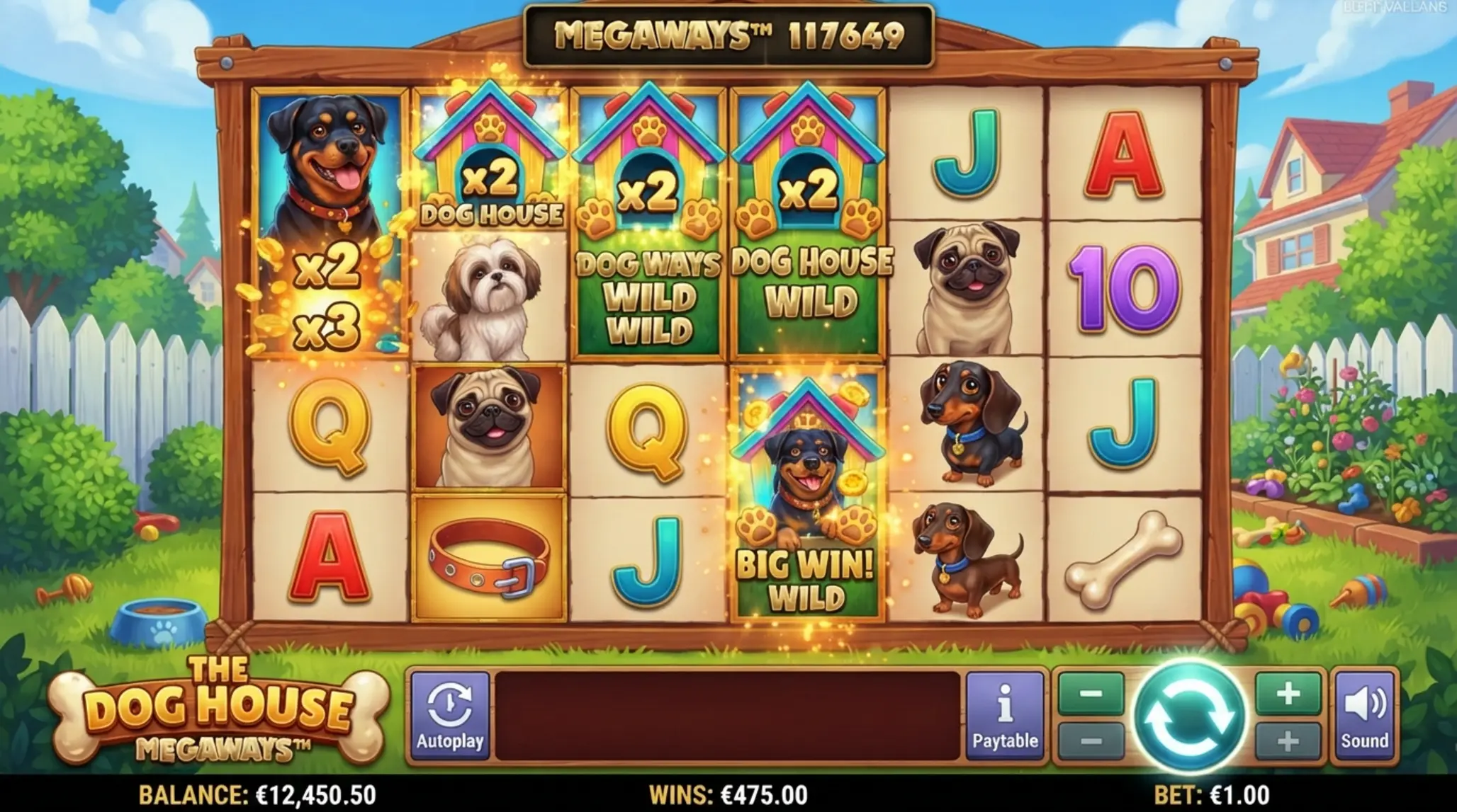 Ekran gry The Dog House Megaways z psami i kolorowym podwórkiem