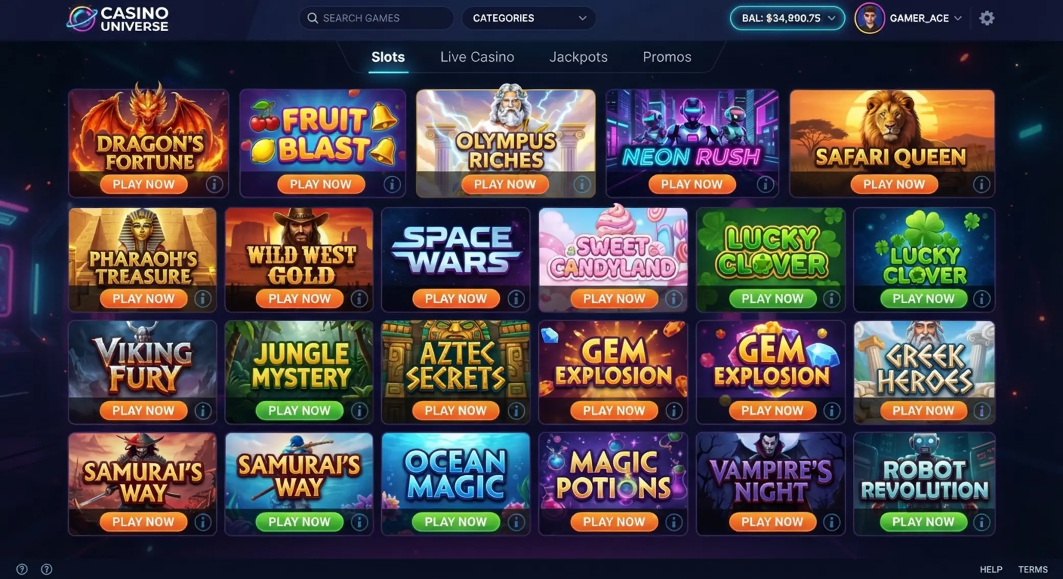 Ekran lobby slotów online z różnymi motywami gier