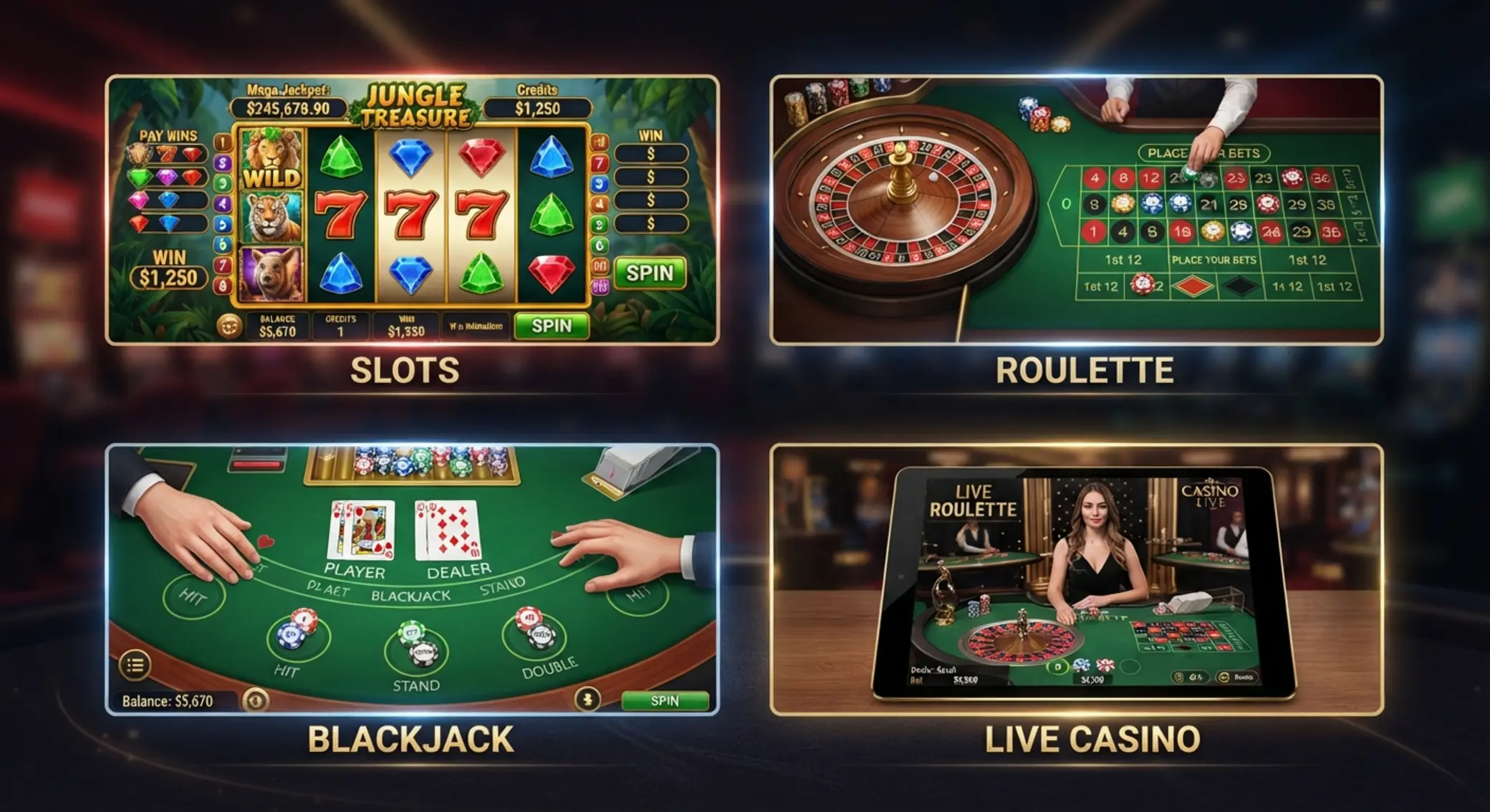 Kolaż najpopularniejszych gier casino online