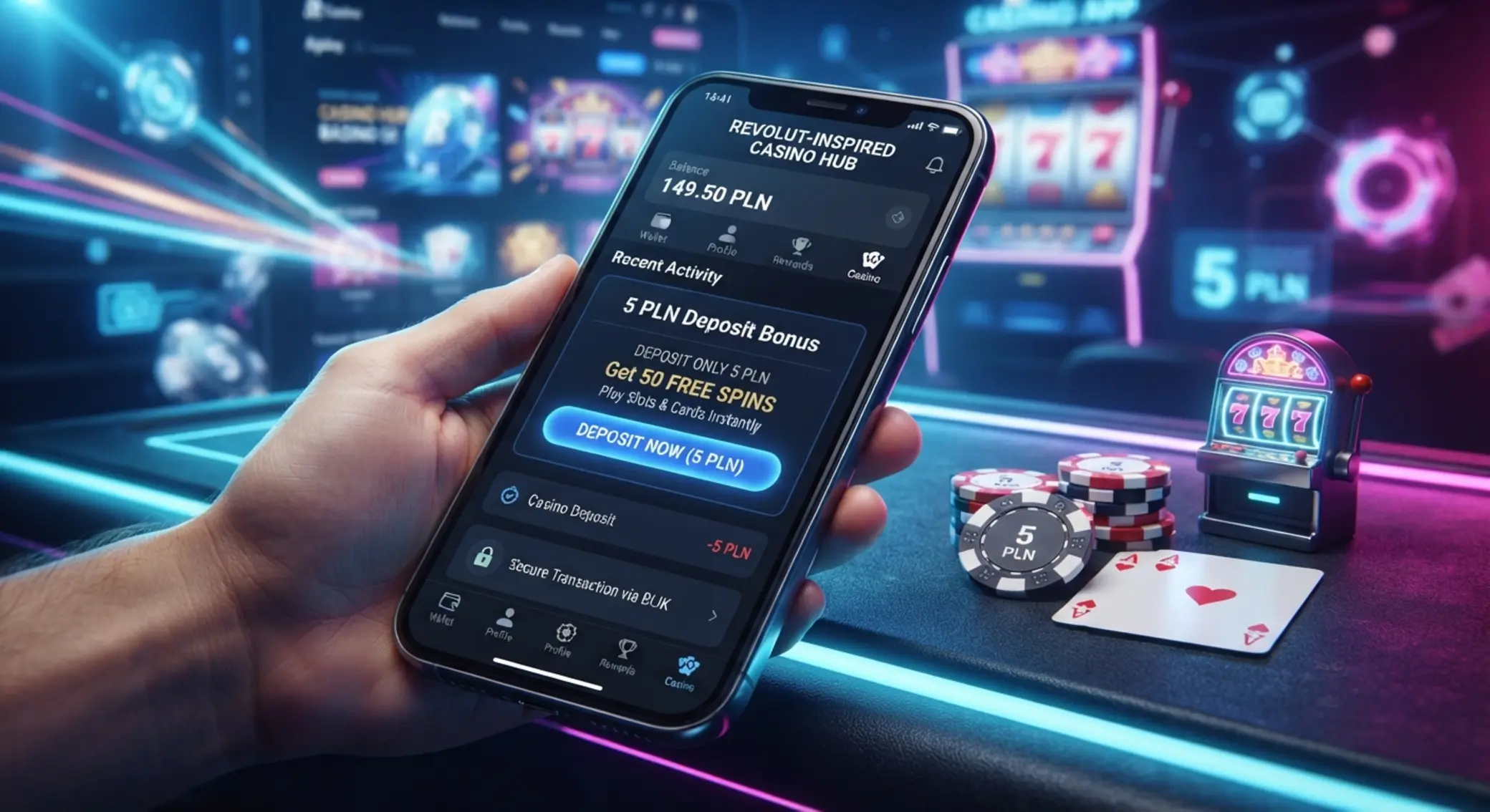 Telefon z aplikacją Revolut i symbolem małego depozytu 5 zł w kasynie