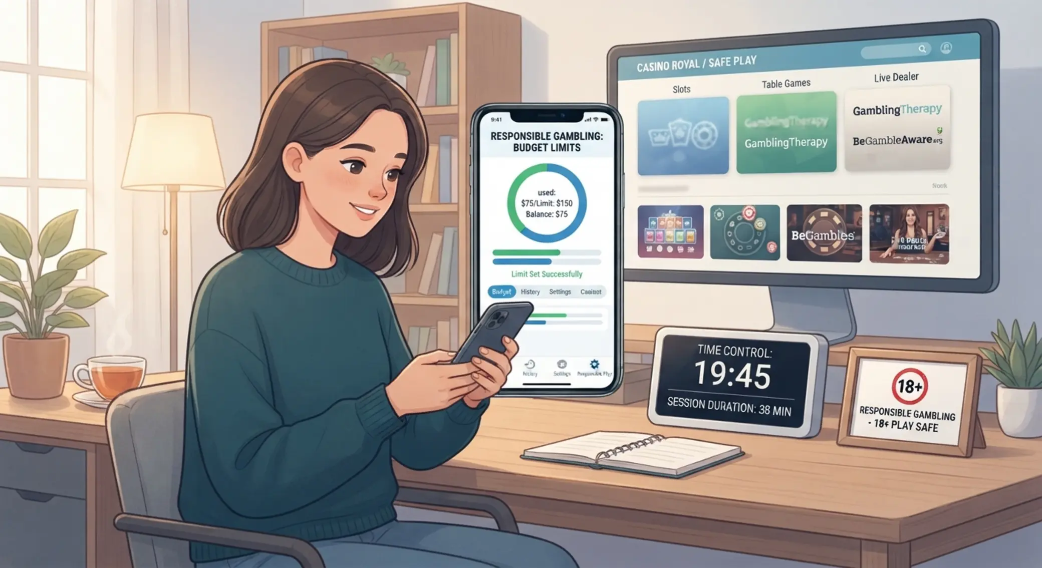 Ilustracja odpowiedzialnej gry z limitem budżetu i oznaczeniem 18+