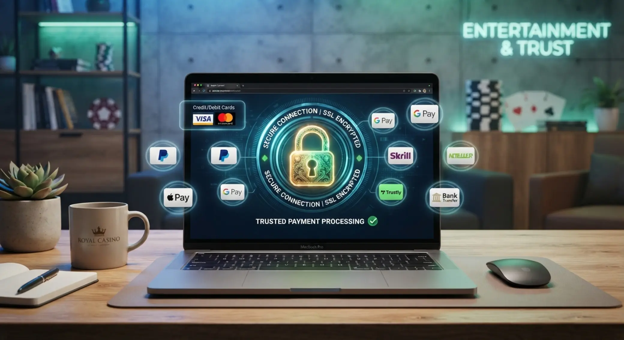 Laptop z symbolem bezpieczeństwa SSL i ikonami metod płatności