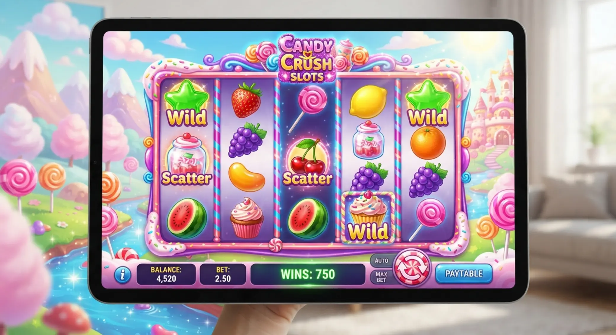 Ekran slotu Sweet Bonanza z kolorowymi symbolami